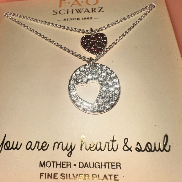 FAO Schwarz Silver Heart Mother Daughter Gift Necklace Set - Picture 4 of 5